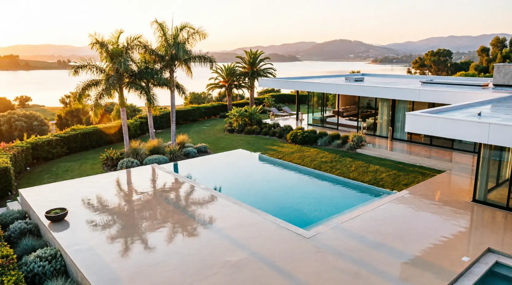 Beautiful epoxy pool deck transformation in Austin, Texas, featuring a durable, non-slip surface surrounded by a tropical palm tree landscape.