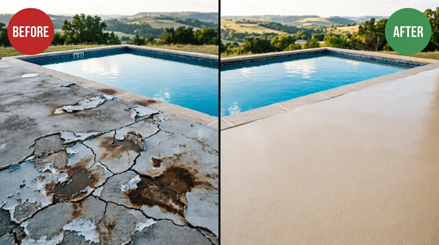 Top-rated epoxy pool deck resurfacing results in Austin, TX, showcasing a flawless and durable concrete transformation.