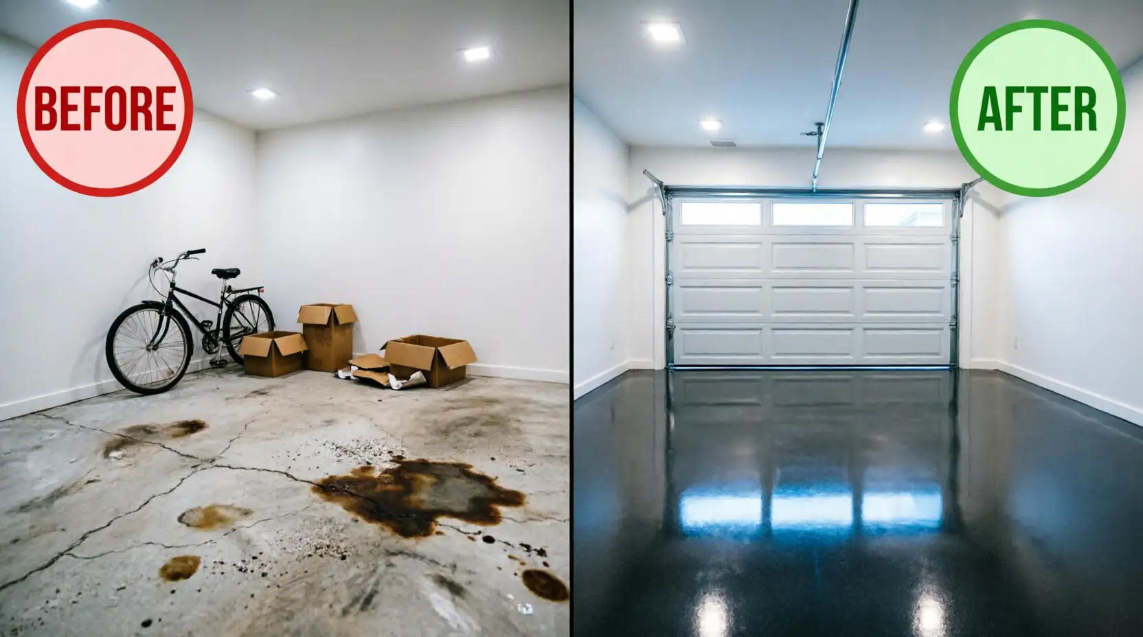 Before and after of a residential decorative flake epoxy garage floor in Austin, TX, transforming a cracked concrete surface into a clean, glossy finish