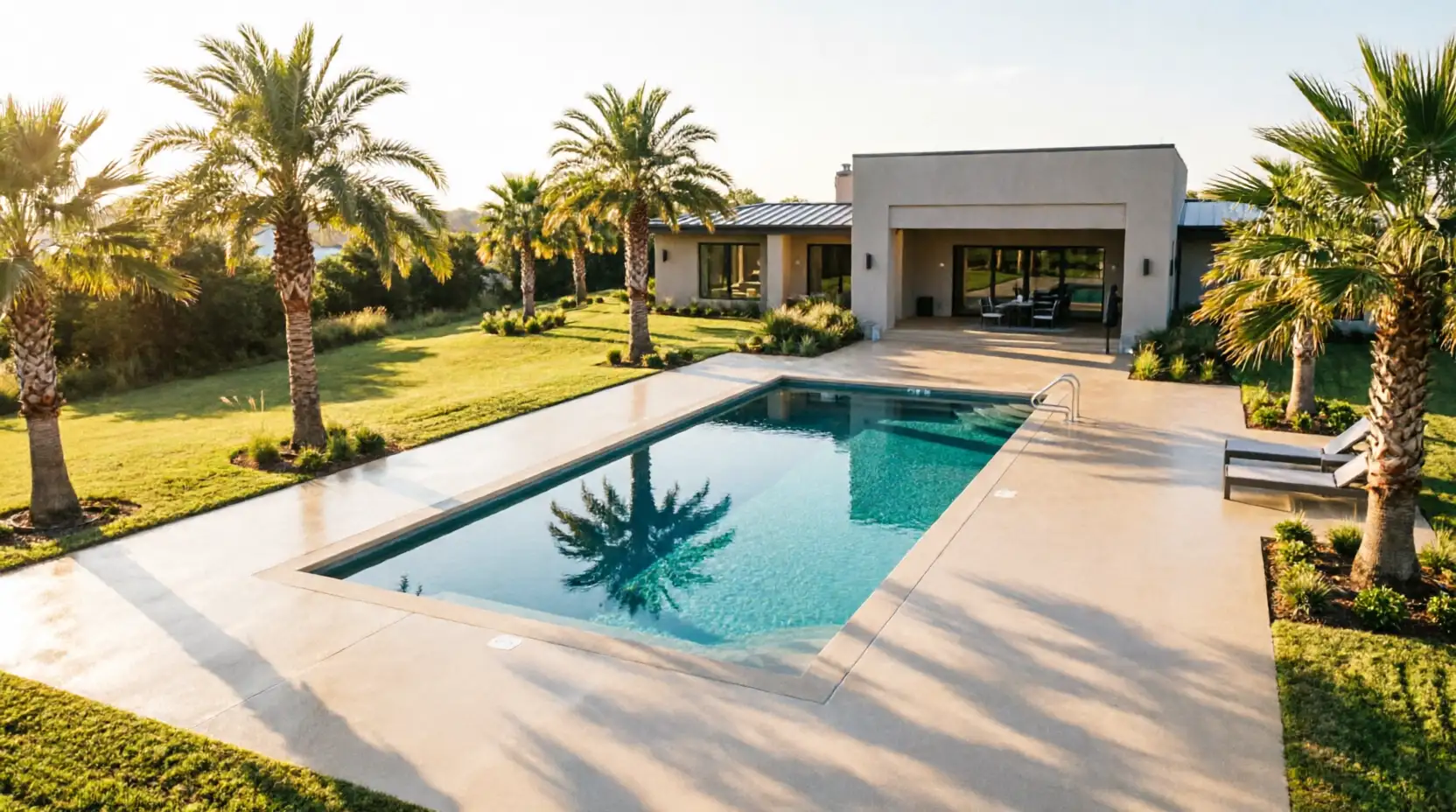Aerial drone shot of a luxury epoxy pool deck resurfacing project in Austin, Texas, showing a pristine outdoor living space.