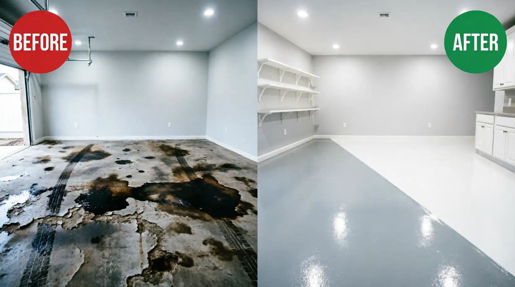 Heavy-duty epoxy garage floor resurfacing in Austin, TX, completely covering severe oil stains and tire marks with a bright, light-gray flake finish.