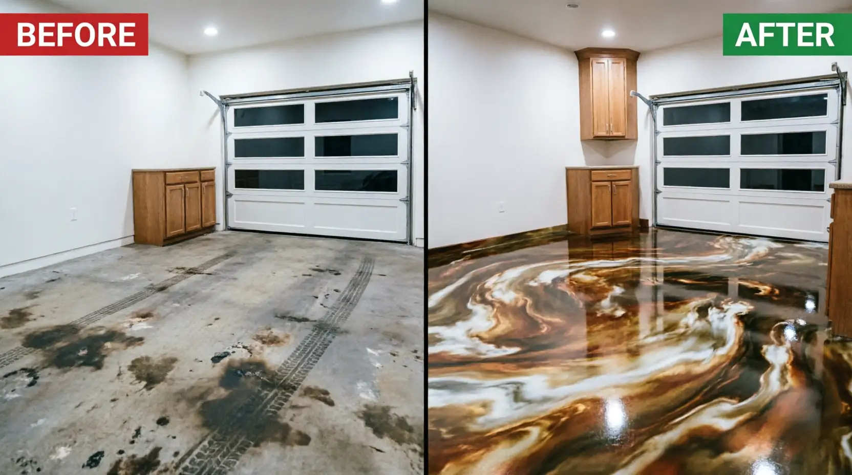 Luxury metallic epoxy garage floor in Lakeway, TX, featuring a stunning 3D bronze and copper marble effect for a high-end showroom finish.