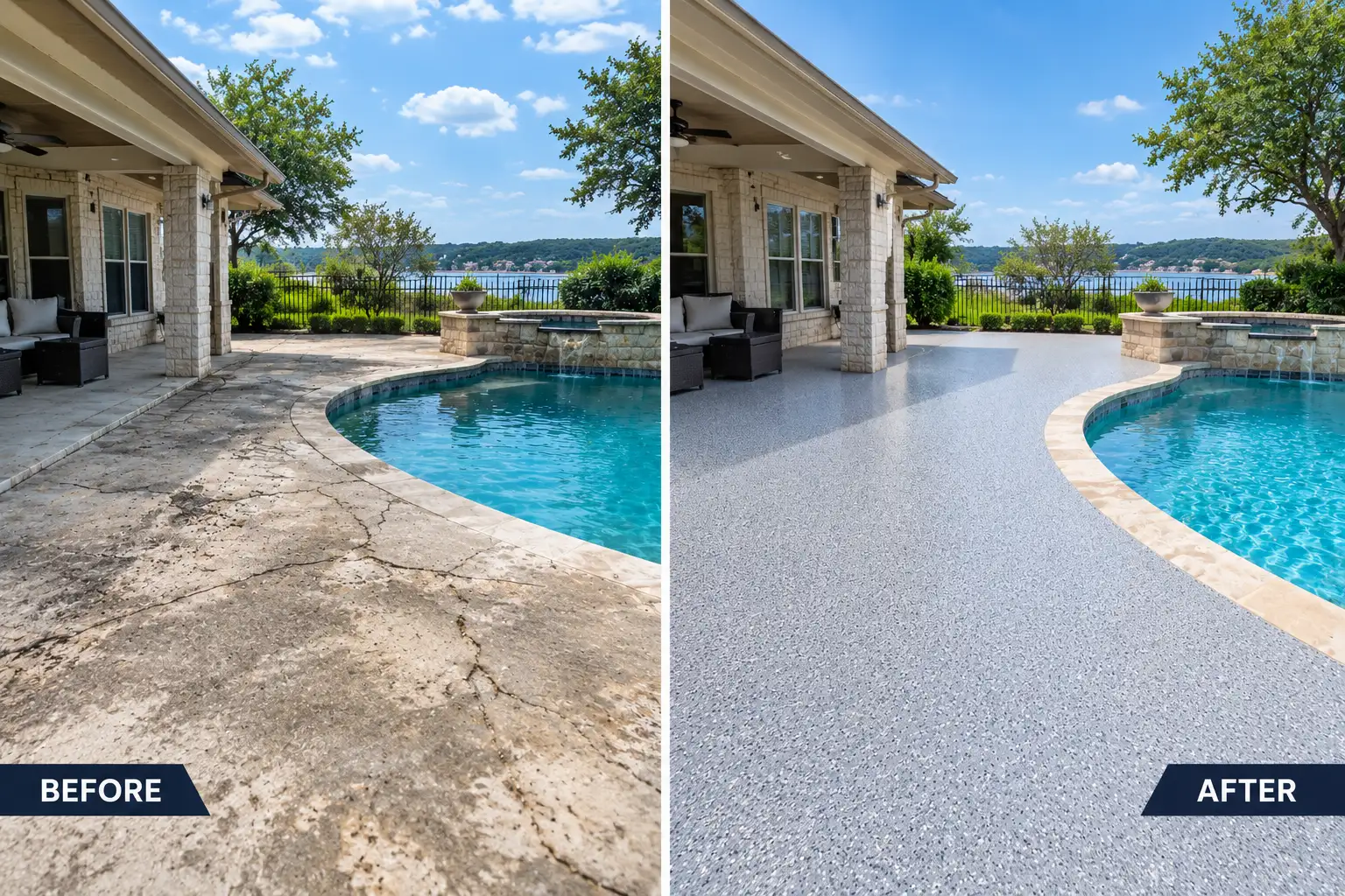 Close-up of a non-slip epoxy pool deck texture in Austin, Texas, featuring a safe, decorative flake finish