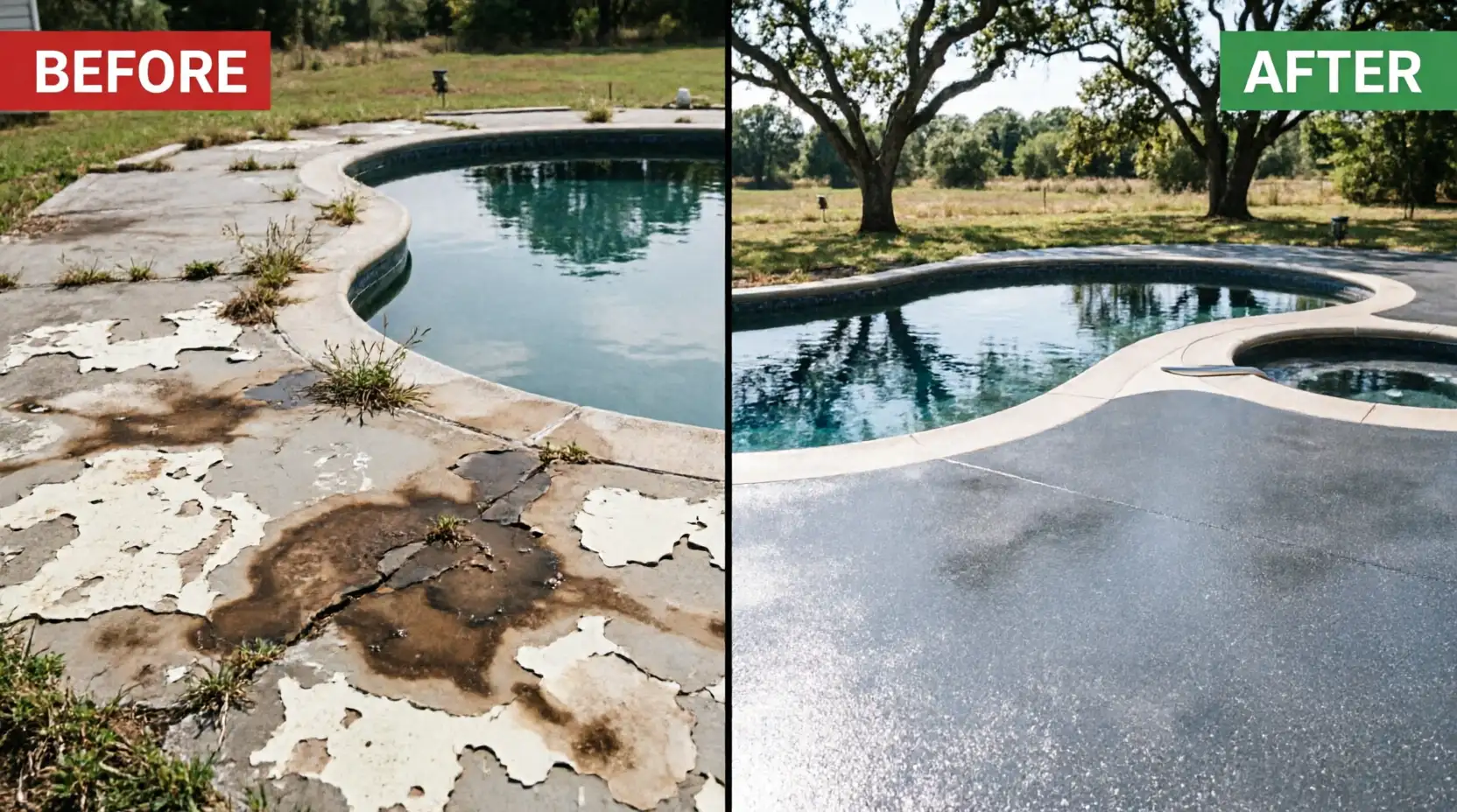 Residential epoxy pool decking in West Lake Hills, Austin, featuring a custom, slip-resistant finish for a luxury home.