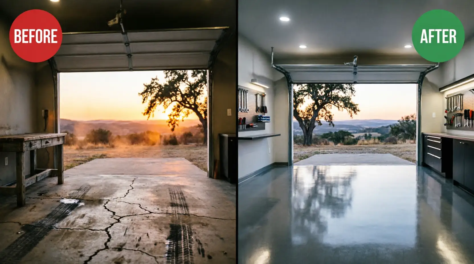 Solid slate gray epoxy garage floor in Dripping Springs, TX, creating a durable, seamless, and easy-to-clean surface for a Hill Country workshop.